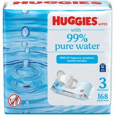 Huggies 99 Pure Water Unscented Wipes, 3 Flip-Top Packs, 168 Total Ct New