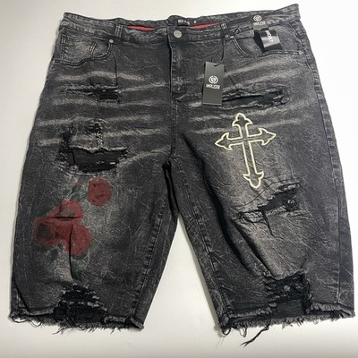 Encrypted Jeans Black Denim Shorts Distress Rip Mens 48x15 Thrashed Y2K Rose NOS