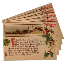 LOT OF 5 Vintage PAPER MAGIC CHRISTMAS Cards + Envelopes, Snowy Village Scene