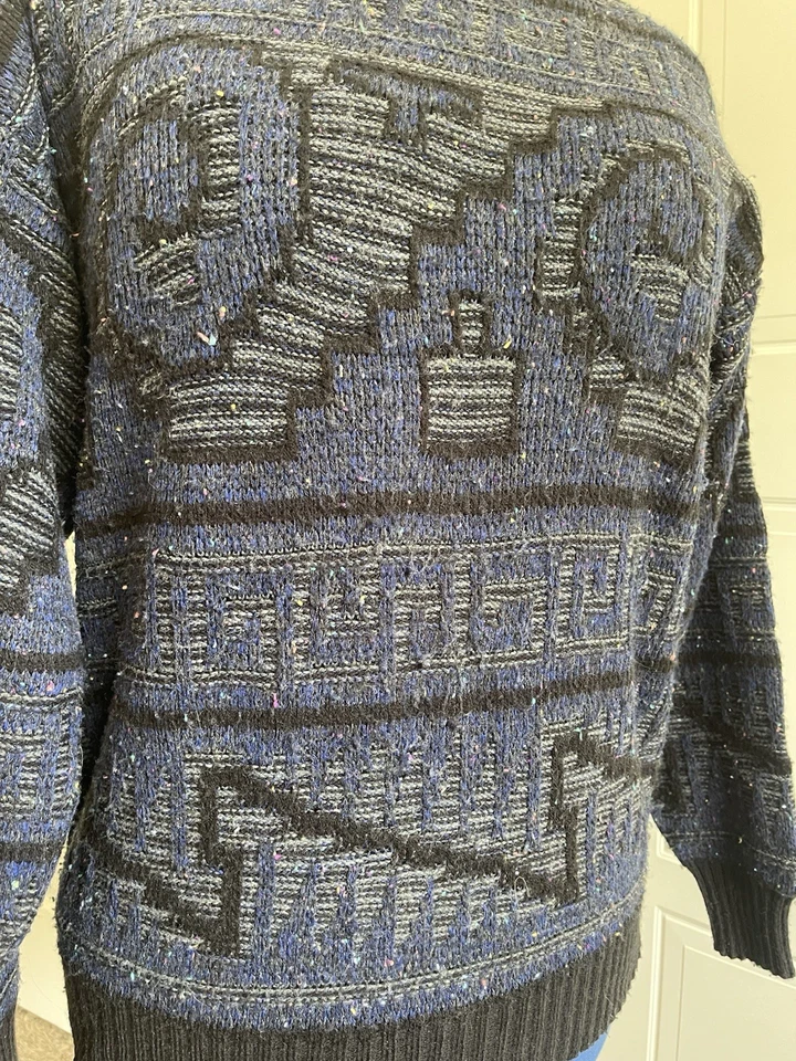 Suéter Checkpoint Años 80/90 Para Hombre Talla XL con Arco Iris Gris y Patrón Morado Foto 4 de 4