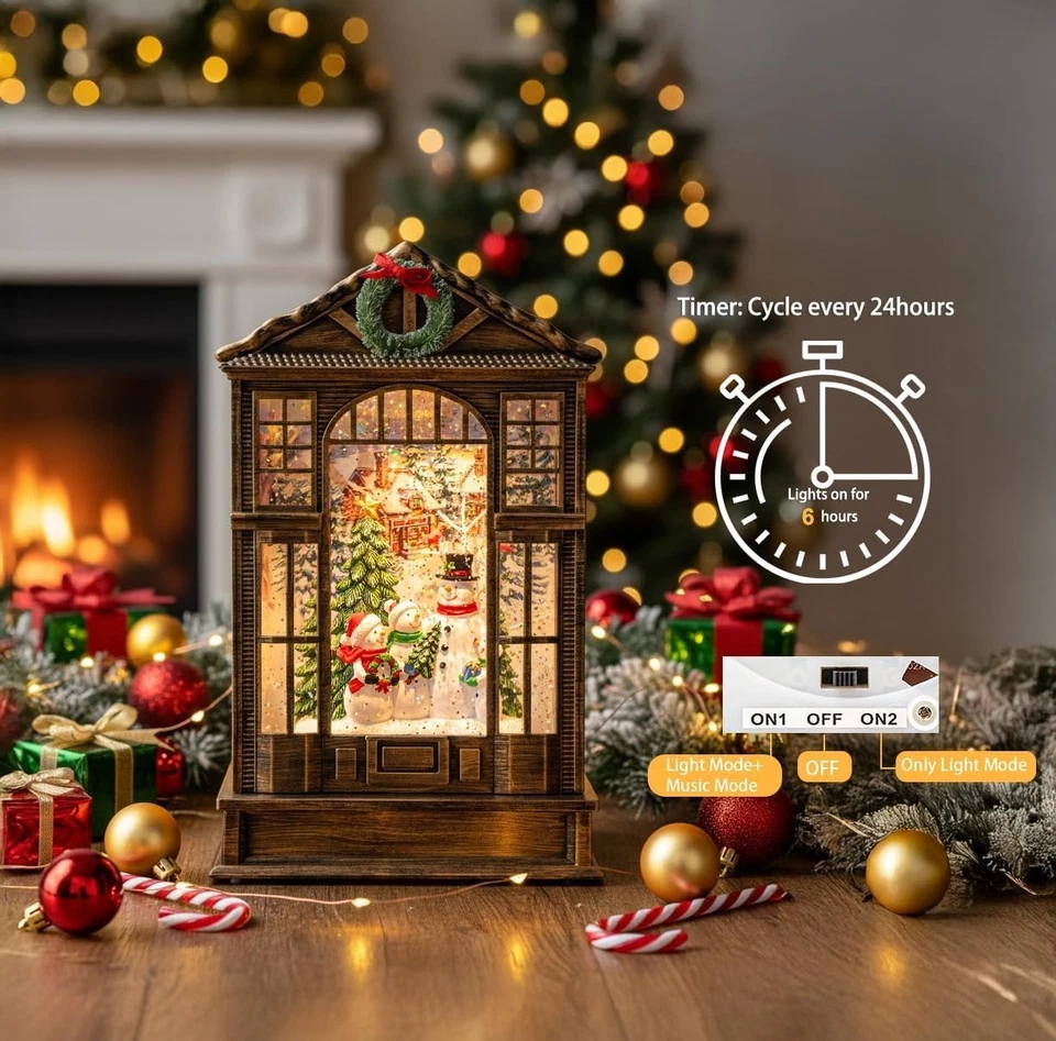 Linterna de agua navideña iluminada muñeco de nieve coro con brillo giratorio USB/Batería Foto 3 de 4