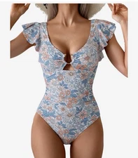 Eomenie One Piece Swimsuit for Women Tummy Control Ruffle V Neck 2XL Floral