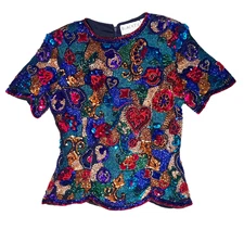 Vtg 80s Oleg Cassini Heavily Beaded Top Sz S Black Tie Silk Multicolor Christmas