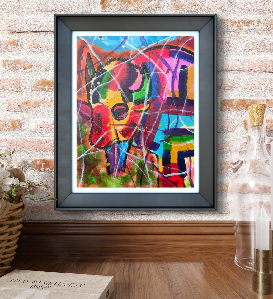 Original "Búfalo Abstracto" 11x14 Lienzo Expresionismo Diseño Abstracto Arte Hogar Foto 4 de 4