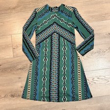 Free People Dress XS Green Stella Printed Mock Neck Long Sleeve Boho Mini