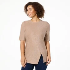 DG2 Diane Gilman Asymmetric Metallic Knit Top Size XS Mushroom Shimmer Neutral