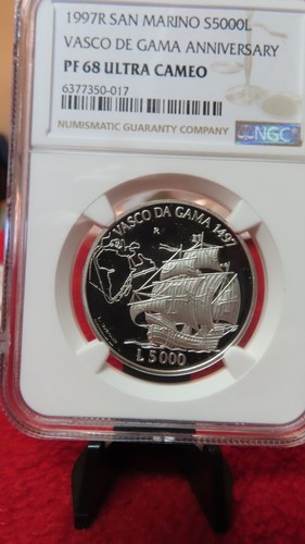 San Marino (Italy) 1997 San Marino Vasco Da Gama Ship Silver 5,000 Lire ngc PF68 - Picture 6 of 11