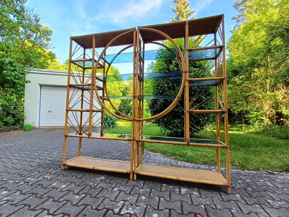 Boho Vintage Bambus Regal 70er 2teilig Hollywood Regency Étagère mit Glas Böden - Bild 3 von 3