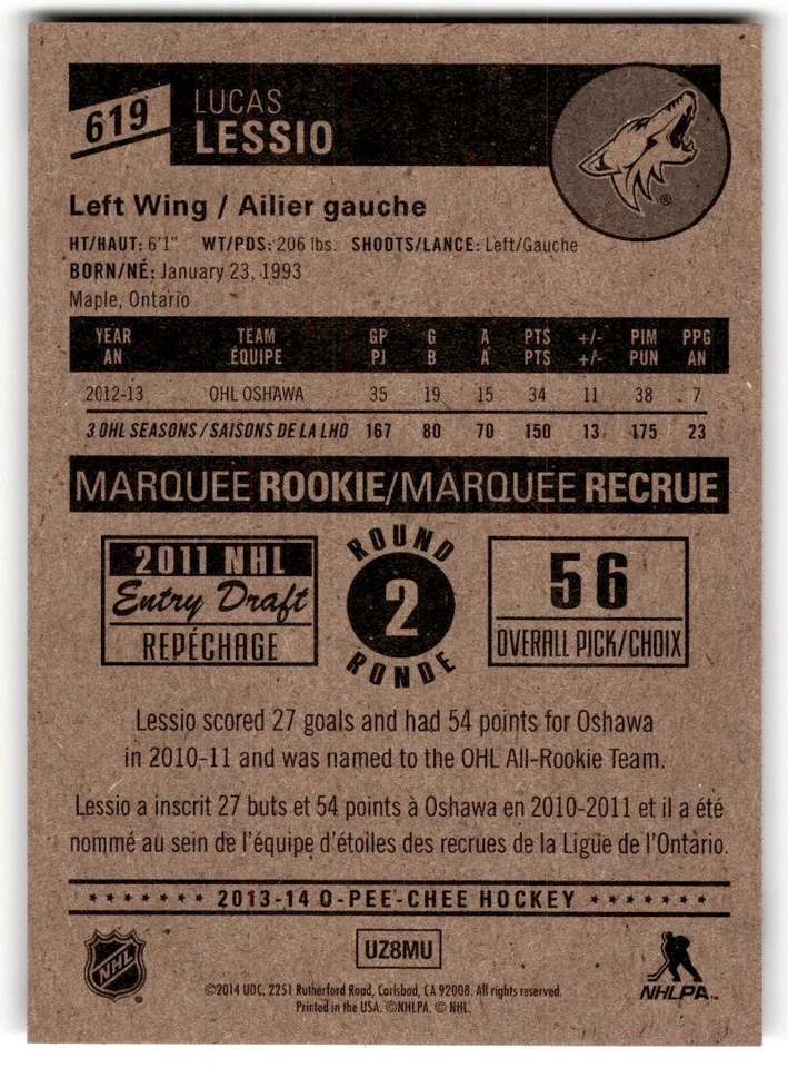 2013-14 O-Pee-Chee Lucas Lessio Rookie #619 Phoenix Coyotes - Image 2 of 2