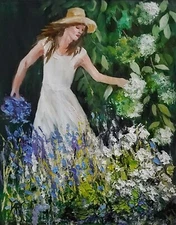 YARY DLUHOS Woman Summer Garden Flora Female Portrait Original Art Oil Painting