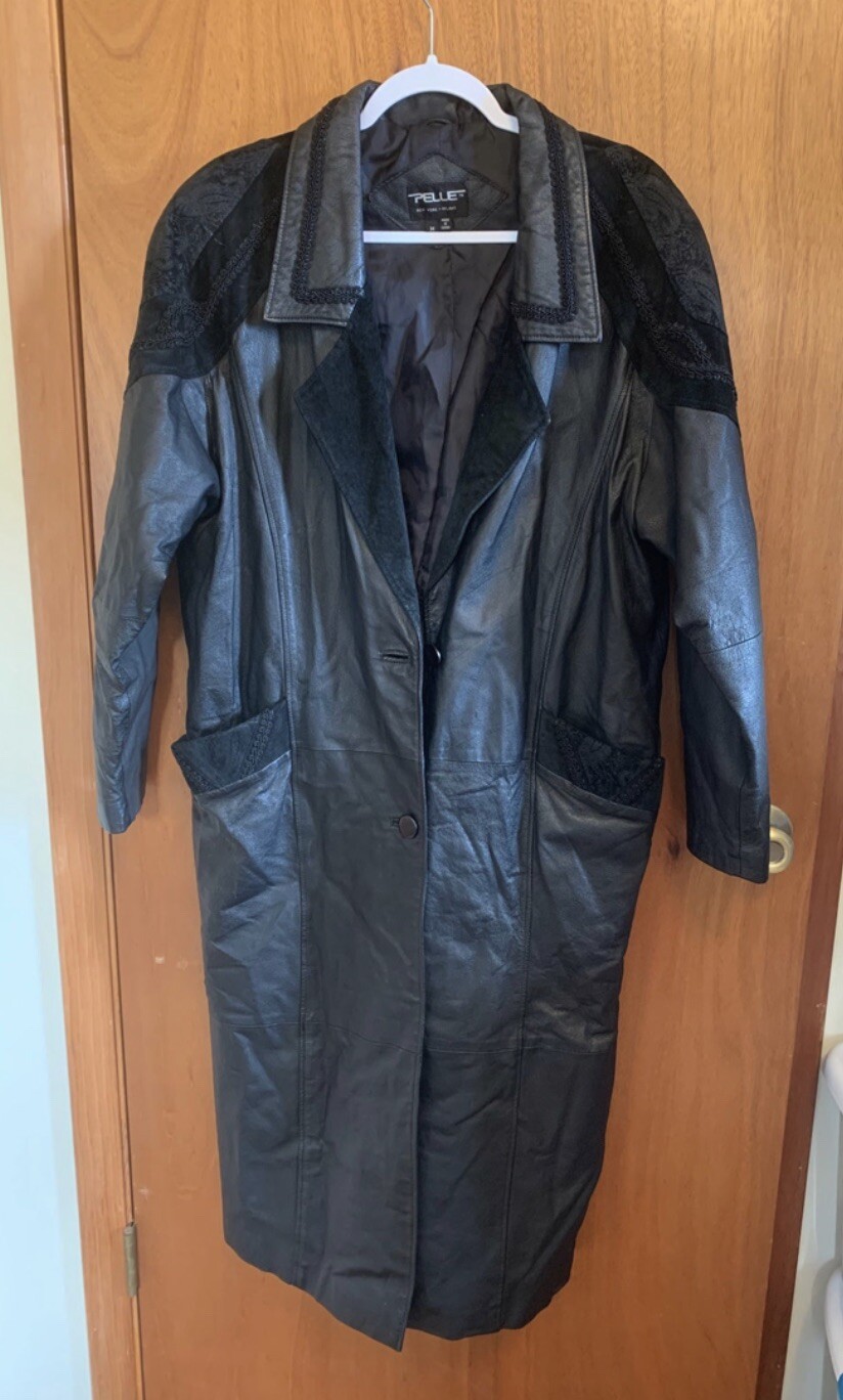 Leather Trench Coat Jacket Black, Medium, Black, Coat, Long-image