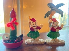Emgee Santa Claus Hula Skirt Palm Tree Wooden Ornament Hawaii Vintage Christmas