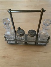 Vintage Glass Salt, Pepper. Oil Vinegar Cruet With Metal Caddy Salt Spoon