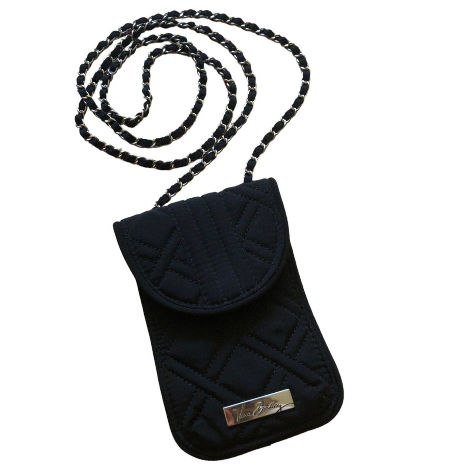 Vera Bradley Black Quilted Cotton Crossbody Wallet with Silver Chain  