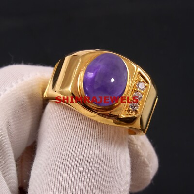Natural Amethyst & CZ With Gold Plated 925 Sterling Silver Men's Ring #1052