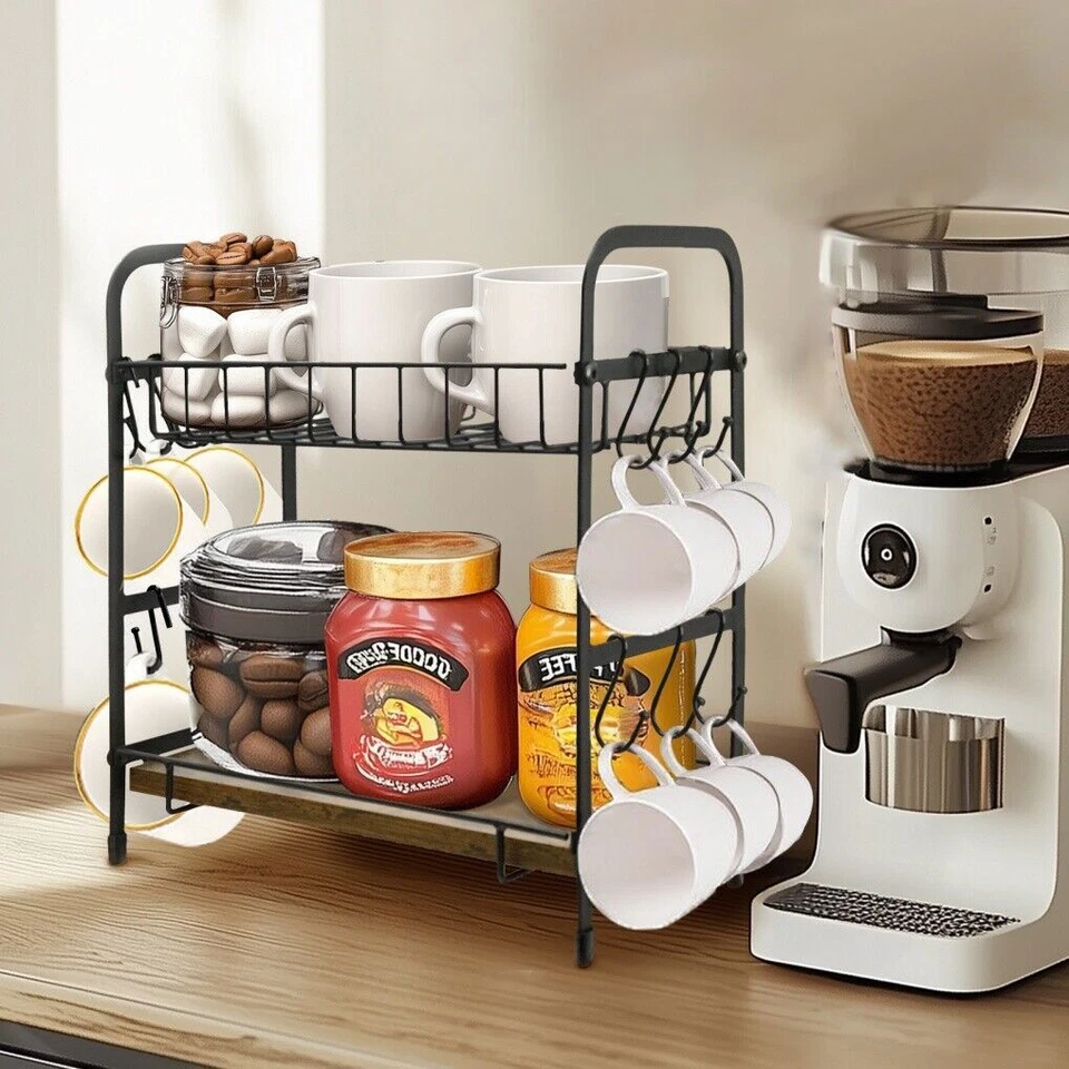 Sturdy Metal & Wood 2-Tier Coffee Bar Organizer Counters Storage Shelf 12 Hooks - image 2 of 4