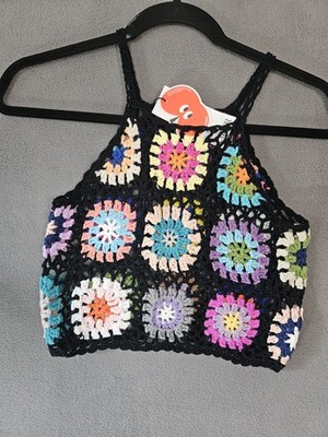 NWT Cider Womens Small Crochet Boho Colorful Crop Tank Top Sheer Hippie Highneck