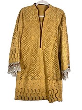 Handmade Floral Kurti Tunic M Yellow Mesh Asian Kameez Ornate Beaded Lace Artsy