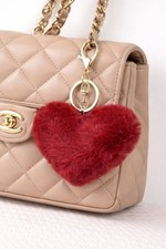 Furry Heart Shaped Pom- Pom Bag Charm- Keychain Burgundy