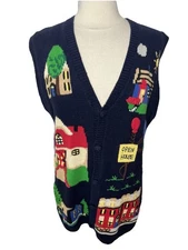 Vintage Eagle’s Eye Novelty 90s Realtor Navy Blue Button Down Sweater Vest  XL