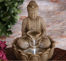 Carved Stone Look Tranquil Meditating Buddha Garden Statue Water Fountain Decor
