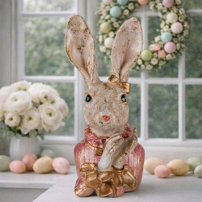 Clayre & Eef Beige Rosa Kaninchen mit Schleife 11x12x24cm Osterhase  Ostern Deko