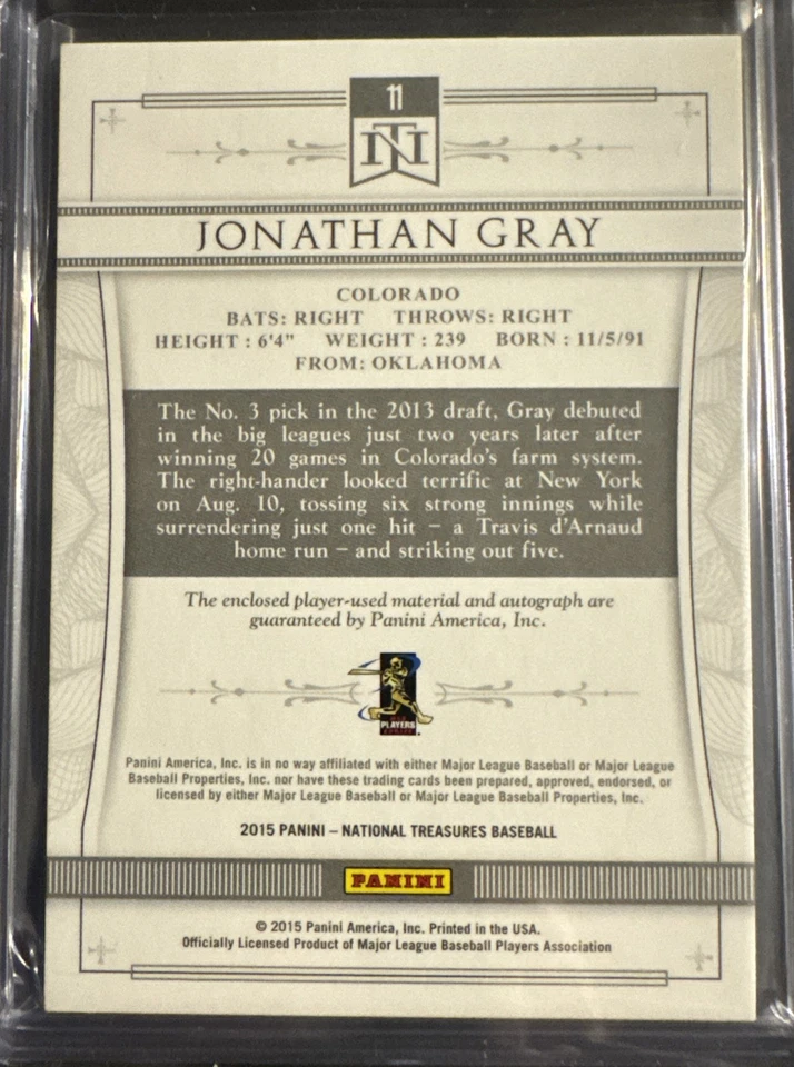 Jonathan Gray Patch Autograph /99 2015 Panini National Treasures #11 Prospect - Image 2 of 2