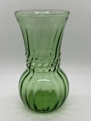Vintage Anchor Hocking Light Green Glass Vase Ribbed Swirl Ivy Ball 6.5” Tall