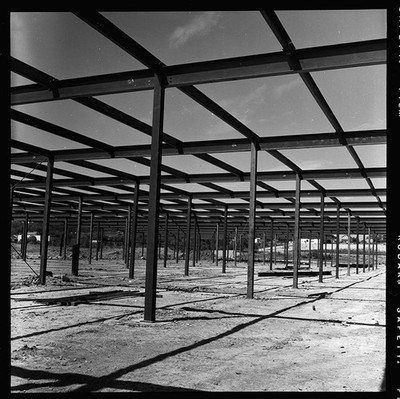 1960s Photo Negative Of Steel Beam Framework Inside Construction Site