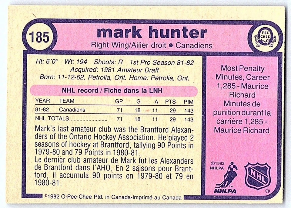 1982-83 O-Pee-Chee Mark Hunter Rookie Montreal Canadiens #185 - Image 2 of 2