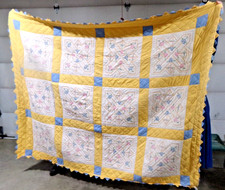 Vintage Hand-Quilted  Embroidered FLORAL QUILT 90" x 70" clean and ready to go