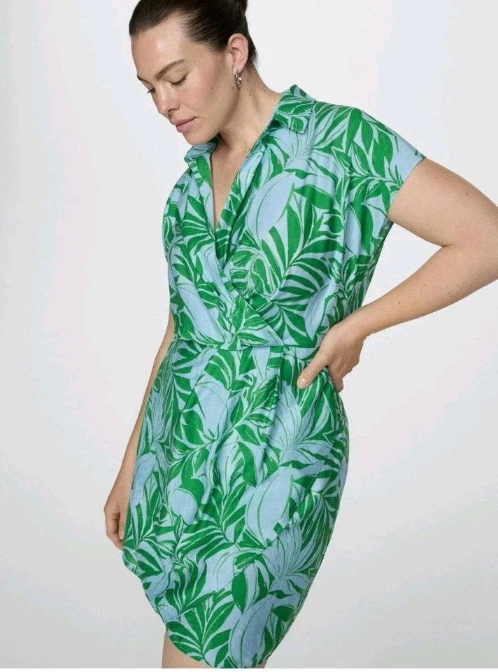 Vestido Tropical Mango XS Verde Tropical Mini Camisa Nudo Frontal Suave Niña Vacaciones Foto 4 de 4