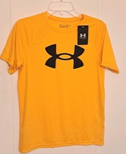 Under Armour Boys Orange Active Stretch T Shirt Blk Logo Sz Youth LG NEW W Tags