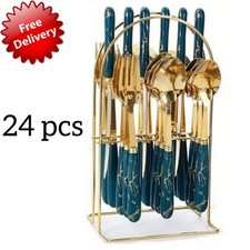 24pcs Stainless Steel Cutlery Set With Case and Green Handle - Perfect For Gifts