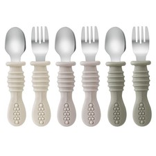 6 Pack Toddler Fork and Spoon Utensil Set, Baby Silicone Stainless Steel Silv...