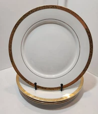 Vtg Sango Empress Gold 8453 Dinner Plates Set Of 4 Gold Embossed Rim 10.5"