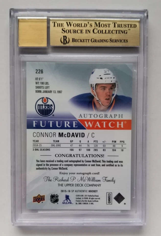 2015-16 Authentic Future Watch #226 Connor McDavid RC Auto /999 BGS 9.5 GEM MINT - Image 2 of 4