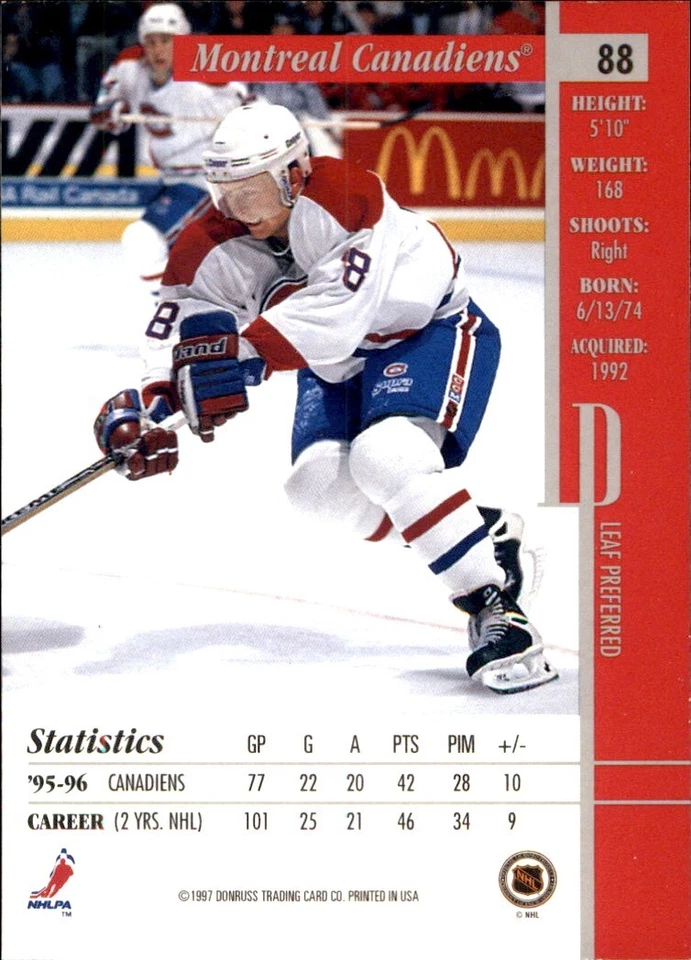 1996-97 Leaf Preferred #88 Valeri Bure MONTREAL CANADIENS - Image 2 of 2