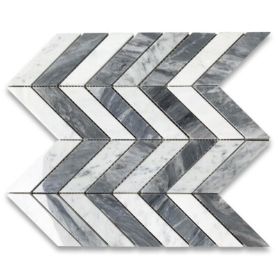 C7C7XP Chevron Tile Carrara White & Bardiglio Gray Marble Mosaic 1x4 Polished