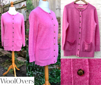 Woolovers Strickjacke 100 % Lammwolle CUPID PINK Rundhalsausschnitt, Wappenknöpfe MEDIUM SEHR GUTER ZUSTAND