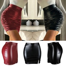 Women's Pencil Skirt Ruched Faux Leather High Waist Zip Back Body-con Mini Skirt