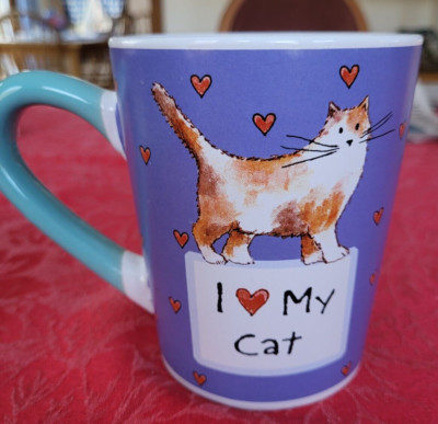 Enjoy Life Mug Coffee/ Tea / Hot Cocoa Cup Cat/Hearts Blue ''I LOVE MY Cat''