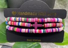 3 PC Set Heishi 7  Plus Stretch Bracelet Polymer Clay Beads Cross B3485