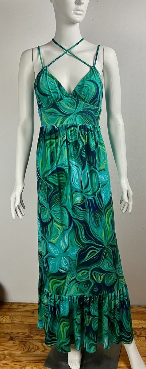 blue and green spring dress Bisou Bisou Maxi Long Floral Tie Back Ruffle Tier Woman's 14 Fabric Type: SOLTON
