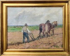 Axel Hansen  (1896-1936): FIELD PLOWING BY HORSES, original oil.