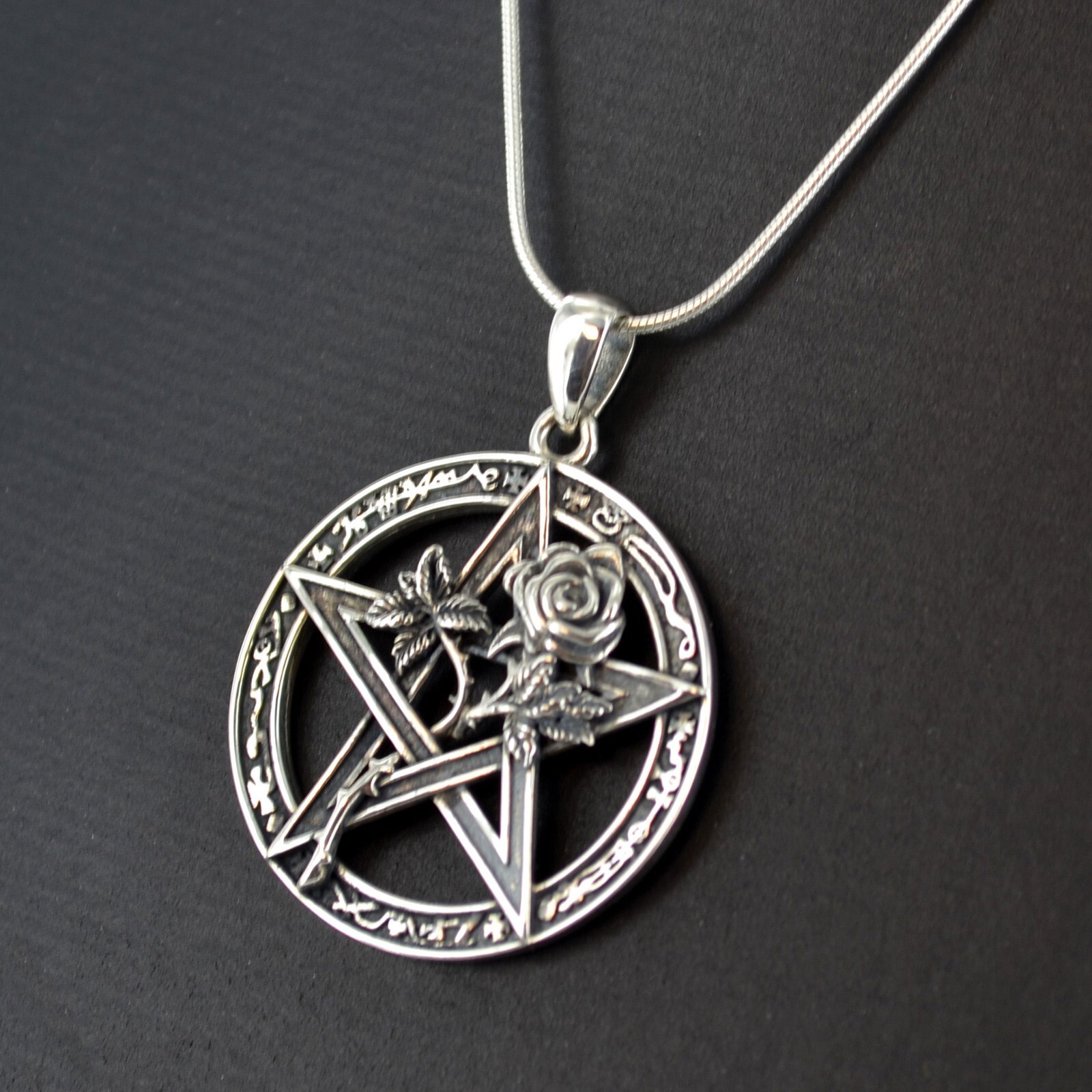 Pentagram & Rose 925 Sterling Silver Pendant No Chain Included Spiritual