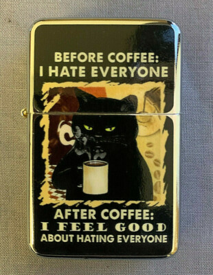 Before And After Coffee Black Cat Hate Everyone Flip Top Oil Lighter Windproof