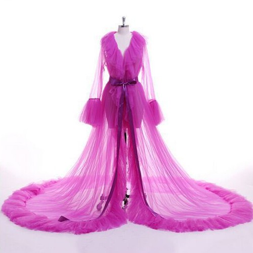 Fairy Mesh Ruffle Tulle See Through Long Dress Gown Bridal Nightwear Beach Robe - Picture 5 of 9