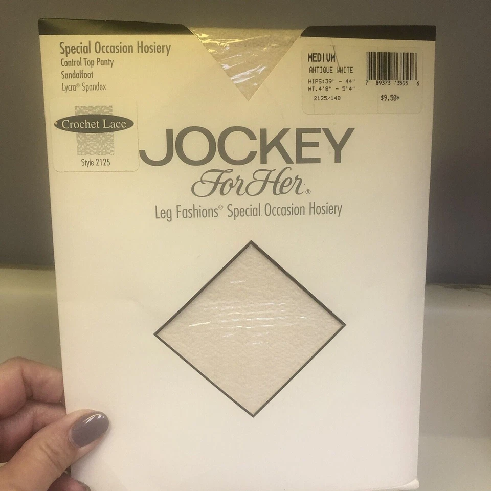 Meia-calça 3 Pr Jockey for Her Control Top antiga branca média tule, renda de crochê - Imagem 2 de 4