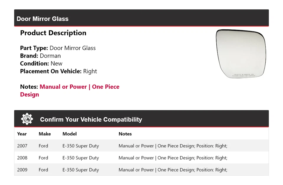 For 2007-2009 Ford E-350 Super Duty Dorman Door Mirror Glass Right 2008 - Image 2 of 4